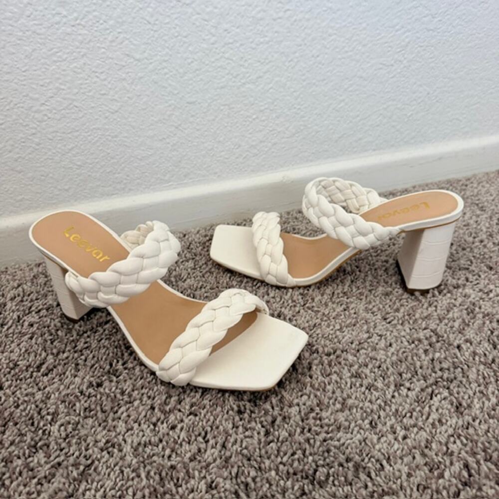 Leevar White Braided Mules Square Toe Block Heels Women's 6.5 Slip-On Sandals